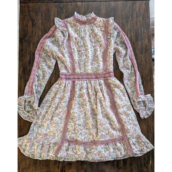 TOPSHOP Dress US 6 Pink Floral Chiffon Lace Trim Long Sleeve Ruffle - Picture 1 of 13